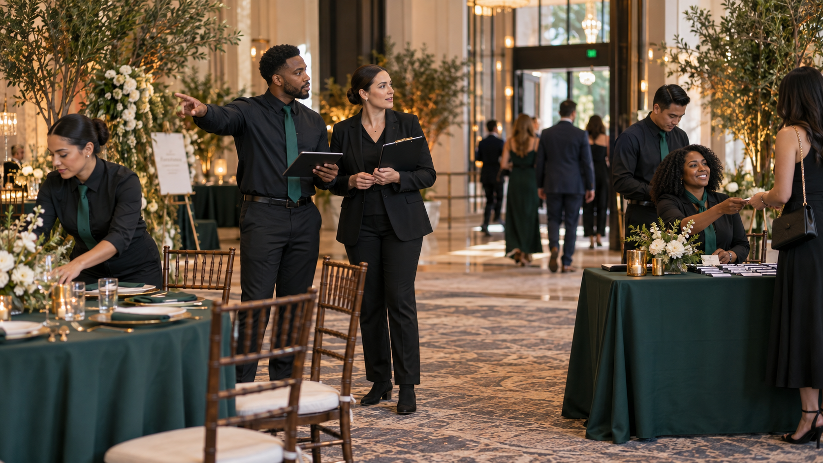 Coordinated event staff assisting guests and preparing an event venue